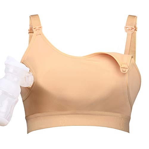 Hands Free Pumping and Nursing Bra, Lupantte Adjustable Breast Pump Bra, Comfortable Breastfeeding Bra for Breast Pumps .(Skin, Large)