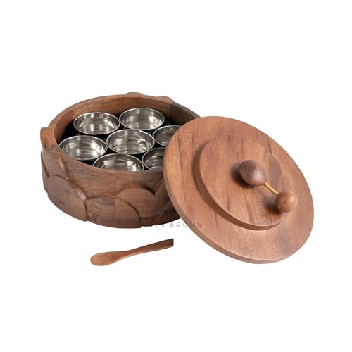Image of Brick Brown Wooden Dial Masala Box with Lid | Spice Box Organizer Storage Box with 7 Stainless Steel Containers & Wooden Spoon | Hand-Carved Masala Dani Spice Rack for Kitchen 8.5x 8.5 x 4.5 Inch