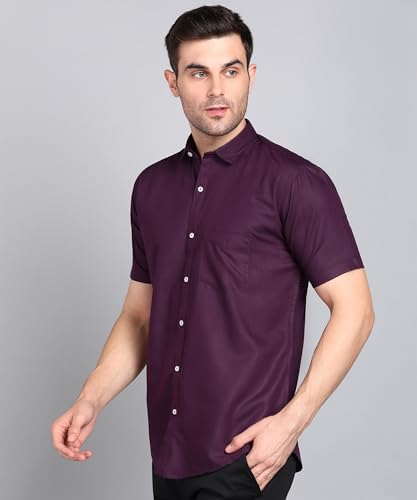 Image of MILDIN Men's Cotton Blend Solid Shirt with Spread Collared Half Sleeve Curved Hemline Button Closure Regular Fit and One Pocket | Half Sleeve Shirt for Men