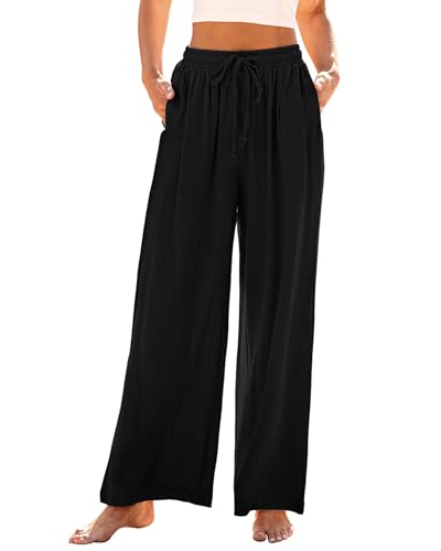 GRAPENT Wide Leg Pants Woman Linen High Waisted Pull On Flowy Casual Baggy Drawstring Palazzo Trousers Pants Resort Wear