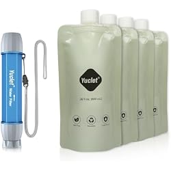 Yuclet Squeeze Water Filtration System with Four 20-Oz Squeeze Pouches and 0.1 Micron Filter Straw, Portable Water Purifier Survival for Camping, Hiking, Backpacking and Emergency Preparedness