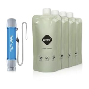 Squeeze Water Filtration System with Four 20-Oz Squeeze Pouches and 0.1 Micron Filter Straw, Portable Water Purifier Survival for Camping, Hiking, Backpacking and Emergency Preparedness