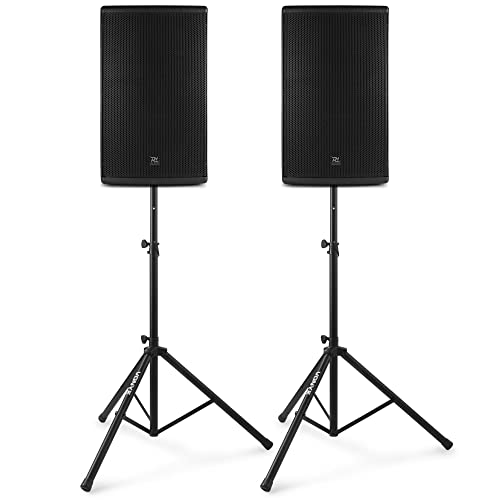 Power Dynamics PD415A Lautsprecher mit Ständer Set 2800 Watt, DSP, Bi-Amp, Bluetooth, XLR, Cinch, 15" PA Lautsprecher mit Ständern, Stereo Lautsprecher Set, PA Anlage, Aktiv Lautsprecherboxen
