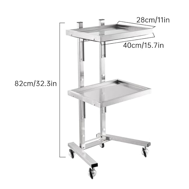 Folding Tray Trolley, Stainless Steel Beauty Salon Tray Trolley, 2 Tier Metal Rolling Cart for Kitchen, Bathroom, Bedroom, Living Room-Rdy3859y
