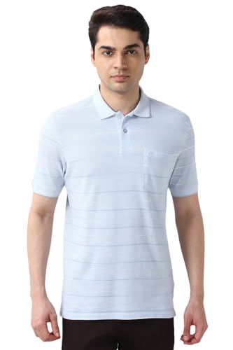 Image of Peter England Men's Cotton-Polyester Fine Stripe Polo T-Shirt - Casual Wear | Sleek & Comfortable