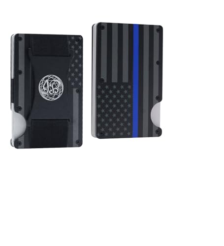 Black & Gray American Flag Engraved, Minimalist Wallet, RFID Blocking Aluminum Slim Wallet With Money Strap (Blue Line)2