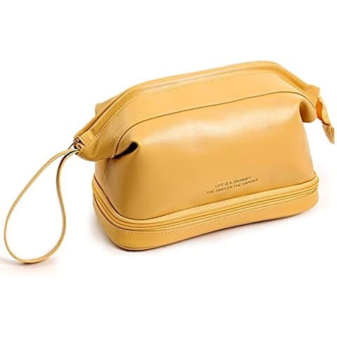 BOXTOHEART Large Makeup Bag,Double Layer Cosmetic Bag, Waterproof Leather Makeup Bag, Cosmetic Travel Bags,Portable Leather Toiletry Bag,Roomy Cosmetic Bag for Women and Girls. (Yellow) Cover