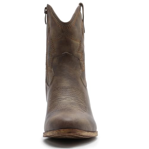 Image of GLOBALWIN Women's Cowgirl Boots Ankle Brown Cowboy Boots With Embroidered Stitching Low Heel Comfortable Western Boots For Country Outfits