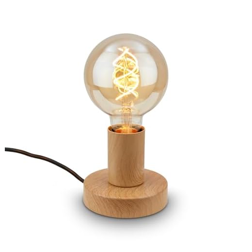 BRILONER - Mini lampe de table avec interrupteur à fil, rétro, vintage, E27, max. 10W, lampe de chevet, décorative couloir, lampe de bureau et lecture, 10x9 cm (LxH), aspect bois