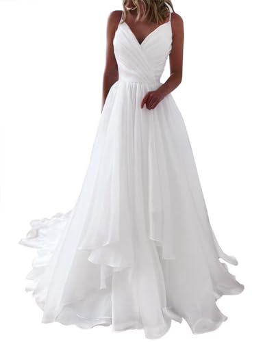 JAEDEN Schlichte Brautkleider Chiffon Lang Standesamtkleider A-Linie Spaghettiträger Hochzeitskleider Weiß 46