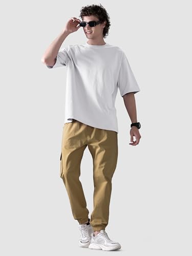 Image of Beyoung Cotton Solid Elastic with Drawstring Cargo Joggers for Men | Regular Fit | 2 Spacious Pockets | Smooth Texture