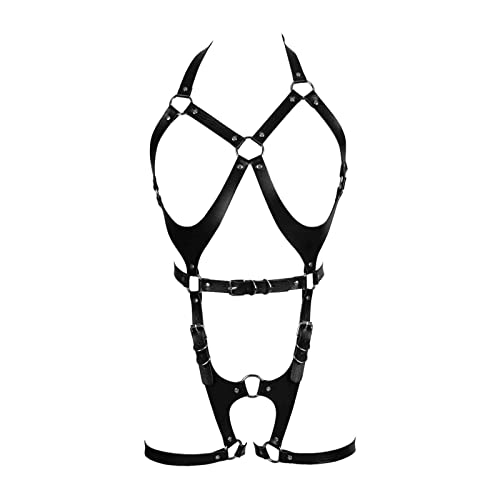 JMMHSS Leder Body Harness BH Set Brust Dessous Oberschenkel Kette Strumpfbänder Hosenträger BH Käfig Gürtel für Frauen (Schwarz) Cover