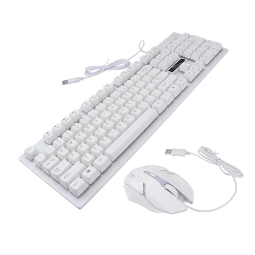 Teclado blanco con cable y mouse ergonómico para trabajar en casa