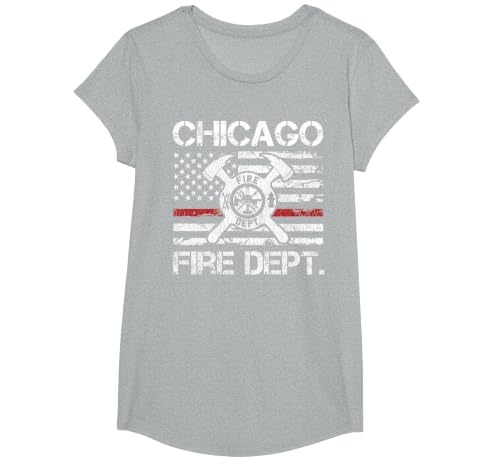 Chicago Illinois Fire Department Thin Red Line Fireman T-Shirt, Girls, Heather Grey, Large
