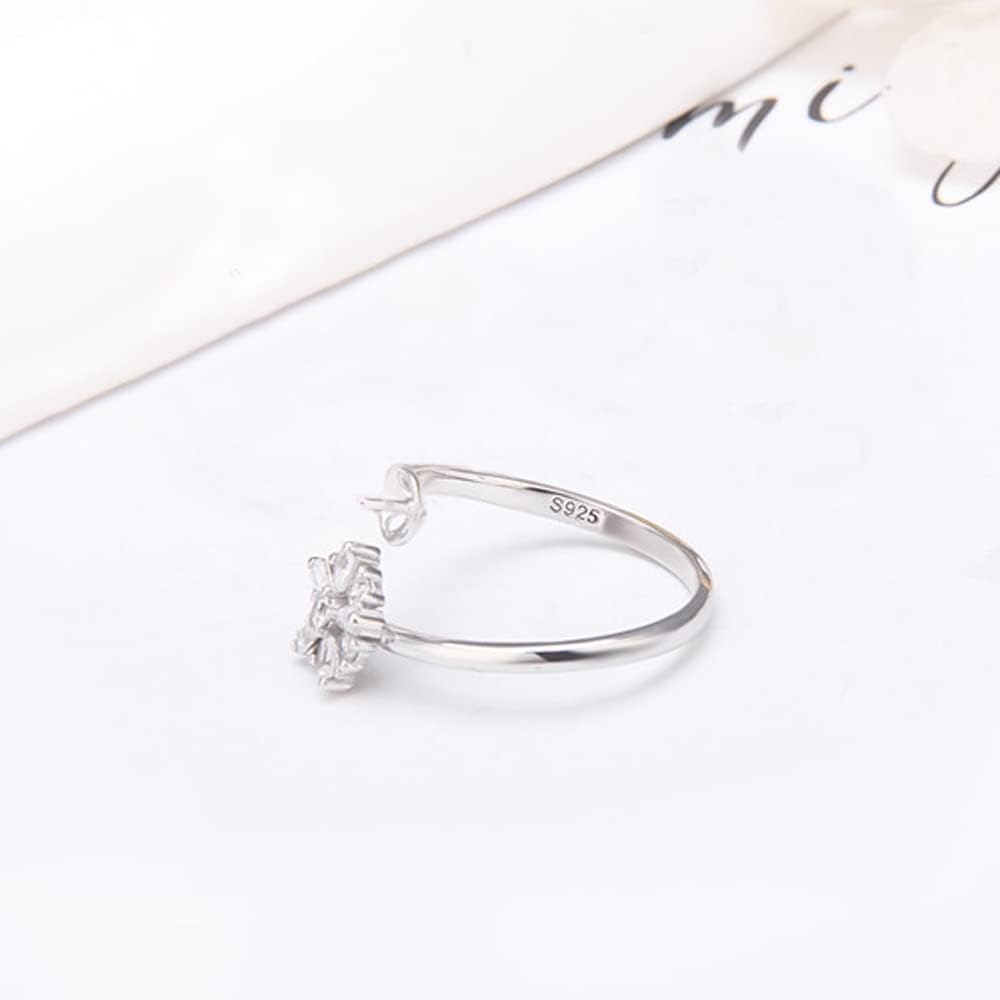 Sterling Silver CZ Snowflake Ring Mounting for Women, Adjustable Ring Fittings Accessories for Pearl Jewelry Making