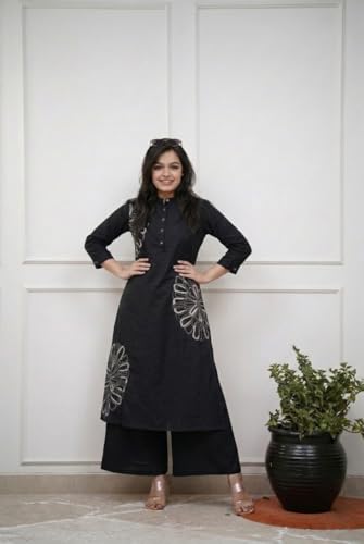 Image of GoSriKi Cotton Blend Embroidered A-Line Kurta with Palazzo for Women | Cotton Blend Orange | 3 /4 Sleeve | Mandarin Collar | Ethnic Wear Casual Wear