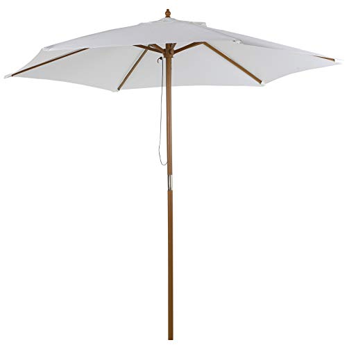 Outsunny Sombrilla de Jardín Ø250x230 cm Parasol de Terraza con 6 Varillas Poste Desmontable Anti-UV Impermeable y Marco de Madera para Playa Patio Blanco