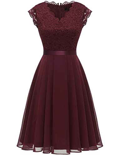 Dressystar Damen Cocktailkleid Kurz Brautjungfernkleid Spitzenkleid Abendkleider Elegant für Hochzeit 2050 Burgundy XS