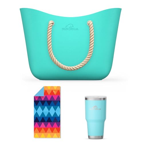 SUN NINJA Rubber Beach Bag Bundle with Microfiber Sand Free Beach Towel, 30oz Insulated Tumbler, Waterproof EVA Tote, Quick-Drying, Sand-Proof, Lightweight, Spacious & Convenient - Beach Day Essential