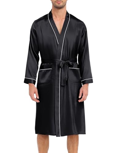 Lovasy Mens Silk Dressing Gown Lightweight Satin Robe for Men Summer Kimono Dressing Gown Long Sleeve Bathrobe Soft Spa Silky Robes with Belt and Pockets Loungewear Nightwear,Black,M
