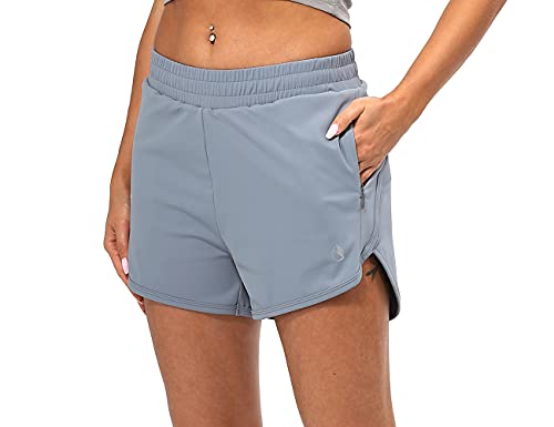 icyzone Women's Quick-Dry Athletic Sports Running Workout Shorts with Zip Pocket - 3 Inches (Airy Blue, Large)
