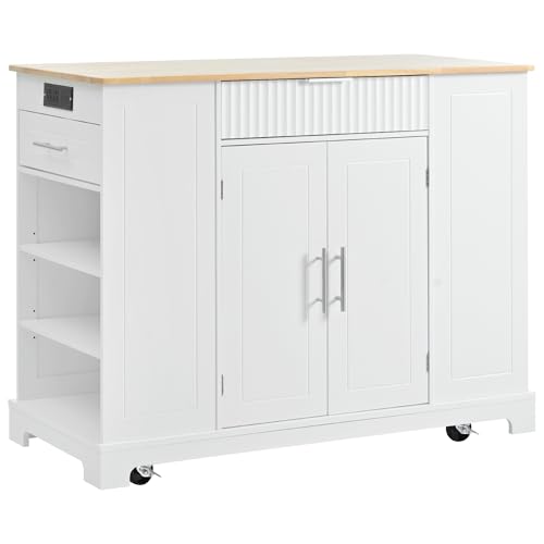 TREATLIFE HOME Fluted Kitchen Island with Trash Can Storage Cabinet, Built-in Power Outlet, Adjustable Shelves, Rolling Design on 5 Wheels, White