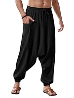 Runcati Herren Baumwolle Haremshosen Baggy Hippie Casual Leinen Yoga Hose Strand Tief Schritt Trouser Schwarz M