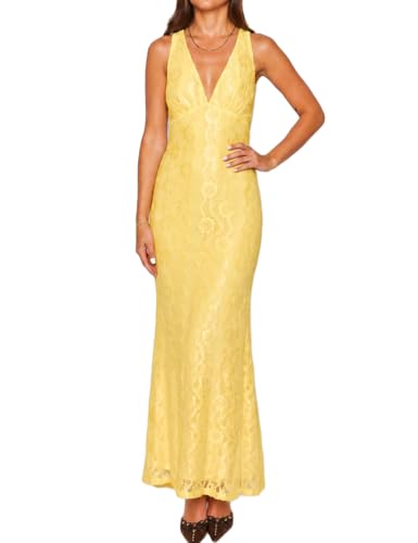 Image of Elegant Lace Floral V Neck Backless Bodycon Dresses for Women Sexy Cut Out Low Back Sleeveless Maxi Dress Wedding Guest