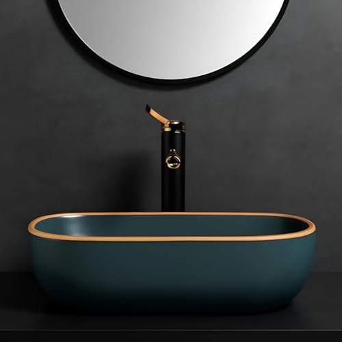 Image of OSOSAM Premium Designer Table Top Ceramic Wash Basin /Vessel Sink with Slim Rim for Bathroom (18 x 13 x 5.5 Inch) (Matte Green)