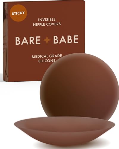 Bare Babe Brown Reusable Silicone Nipple Covers - Waterproof, Nude, 4 Shades - Sticky Breast Stickers for Strapless Dress (Large (Fits C-DD))