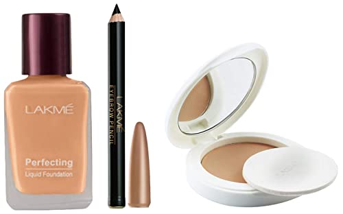 Image of LAKME Perfect Radiance Skin Lightening Compact Powder, Sheer & Matte For All Skin Type, Golden Sand 03, 8g & Perfecting Liquid Foundation, Shell, Waterproof, 27ml & Eyebrow Pencil, Black, 1.2g