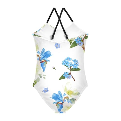 Girls One Piece Swimsuits Blue Iris and Forget-me-not Pattern Sport Halter Swimwear Beach Bathing Suit,9-10T2