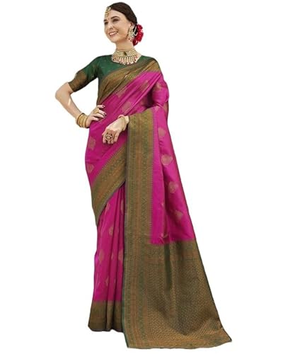 Image of Women's Soft Art Silk Kanjivaram Saree and Unstitched Blouse Piece with Floral Rich Pallu and Jacquard Jari Work On All Over | South Indian Saree