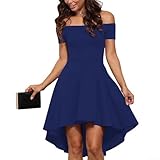 Vestido casual de color sólido para mujer con cuello de hombro descubierto, mangas cortas y una falda ancha con vuelo, adecuado para clubes (azul L)