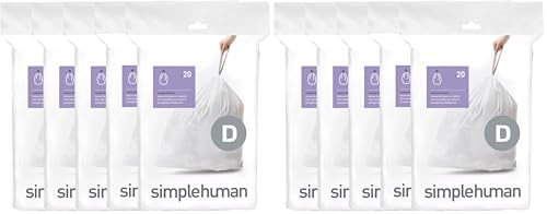 Image of simplehuman Code D,Dispenser Pack Custom Fit Liners,Drawstring Trash Bags,20 Liter / 5.3 Gallon,White,100 Count (Pack of 2)