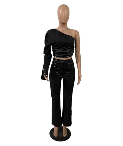Sexyshine Women's 2 Piece Outfit Faux Leather Patchwork One Shoulder Long Sleeve Crop Top Wide Leg Long Pant Suit3
