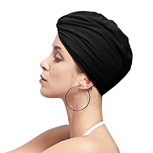 Women Ear Protection Swim Cap Nylon Spandex Stretchable Shower Bathing Cap Soft Cross Beanie Surfing Hat Chemo Turban Style Night Sleep Hat for Long Hair Dreadlocks Weaves Curls - Image 3
