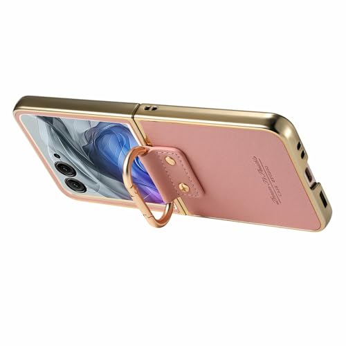 Image of for Motorola Razr 50 Ultra 5G Case Electroplating Leather Coated PC Phone Cover with Spring Ring Buckle Kickstand - Pink
