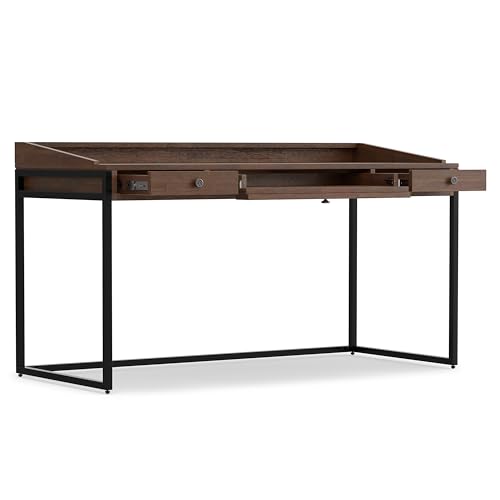 Image of SIMPLIHOME Ralston Desk - 60 Inch Wide Solid Acacia Wood and Metal Writing Desk in Distressed Charcoal Brown, Modern Industrial Home Office Computer Table with 2 Drawers and Flip-Down Keyboard Tray