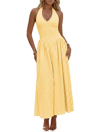 Wenrine Womens Halter V Neck Corset Maxi Dresses Summer Plaid Smocked Tie Back Backless Wedding Guest Drop Waist Dress Yellow