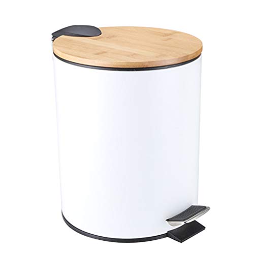 Papelera redonda de metal con tapa de bambú y pedal de 5 litros contenedor de basura con cesto interior extraíble para baño, dormitorio, cocina, oficina (blanco) Cover