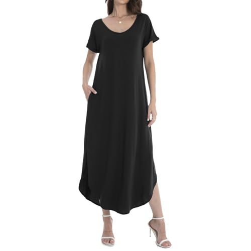 Image of Matchstick Women's Flowy Maxi Dress V-Neck Relaxed Loose Fit Short Sleeve Casual Sundress with Pockets Side Split Beach Dress