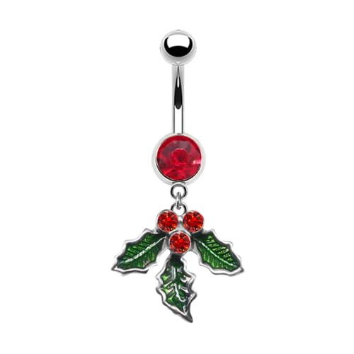Niaspi 14G Cute Christmas Element Dangle Belly Button Ring - 316L Surgical Steel Christmas Tree Hat Jingle Bells Snowflake Socks Navel Rings Xmas Belly Piercing Jewelry for Women (Leaves)