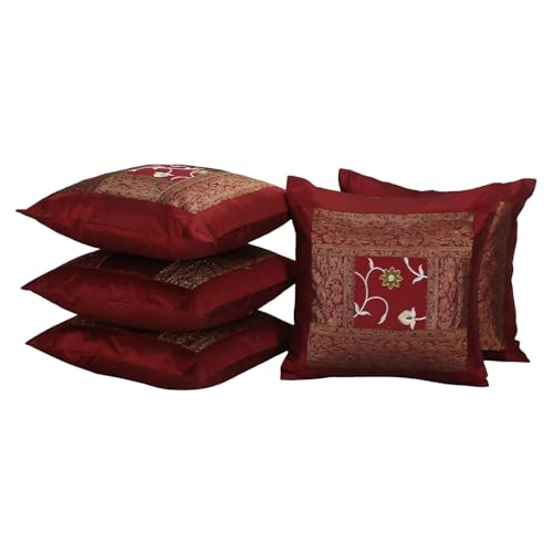 Image of Living Room Sofa Decor Flower Embroidered Silk Cushion Covers Scatter Cushion 16 X 16 Inches Set of 5 Pillowcase sham (Maroon)
