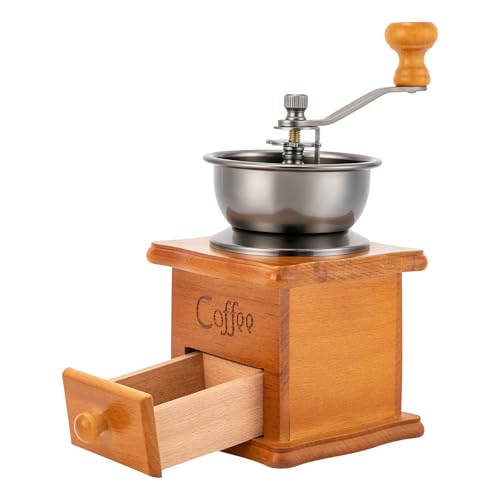 Manuelle Kaffeemühle Retro Braun, Handkurbel Kaffeebohnenmühle aus Holz, Vintage Handmühle mit Keramik-Mahlwerk, einstellbarer Mahlgrad, tragbar für Zuhause Büro Reise & frischen Kaffee