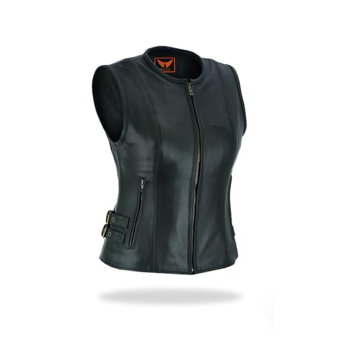 TackField Womens Premium Cowhide Leather Motorcycle Heavy Duty Vest Biker Riding Collarless Vest (US Alpha XX-Large Regular Regular Black)