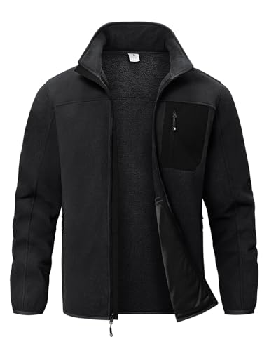 Rdruko Men's Polar Fleece Jacket Zip Up Sherpa Lined Warm Outdoor Hiking Winter Coat with Pockets, Black, L