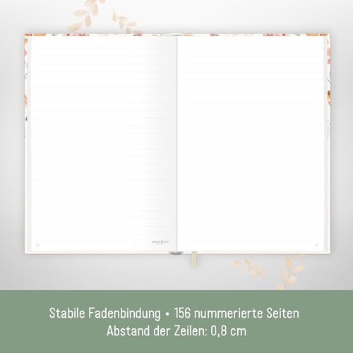 paper&you® Notatnik A5+ w linie z gumką "Wild Blossoms" 156 stron, 78 kartek, papier premium 100 g/m² - jako dziennik, pamiętnik, notatnik - zrównoważony i przyjazny dla klimatu