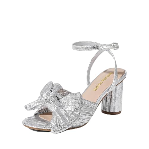 DREAM PAIRS Women's Bow Knot Heeled Sandals Low Chunky Heels Open Toe Ankle Strap Slingback Dress Shoes for Wedding Bridal Party,Size 9,Silver,DWUMHS2504