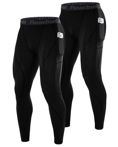 Roadbox 2 Pack Men's Compression Pants, Quick Dry Running Tights Leggings with Pockets, Athletic Base Layer for Workout Gym